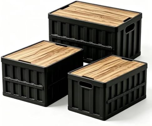 3 Pack 50L Black Collapsible Storage Crate Wooden Lid Stackable Bin for Garage RV Car by Unknown
