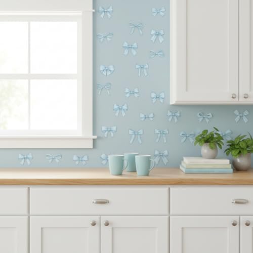 60Pcs Watercolor Bowtie Wall Stickers - Coquette Aesthetic Vinyl Decals for Room Decor in Light Pink, Sky Blue, Mint Green, Lavender Peel and Stick Nursery, Bedroom, Kindergarten Wall Art (Blue) - Image 4