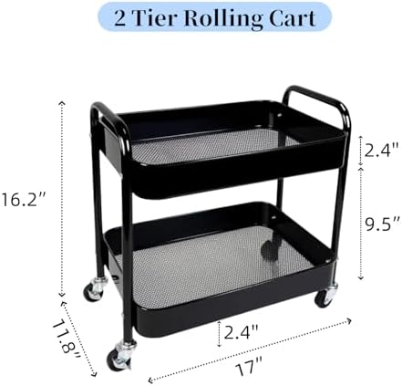 2 Pack Pantry Cart 2 Tier Small Rolling Cart with Wheels for Under Desk Storage, Short Rolling Utility Cart Large Basket Metal Kitchen Shelf with Mesh Laundry Room Organizer Side Table, Black - Image 5