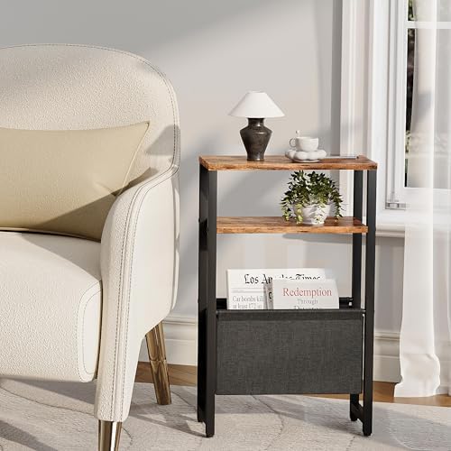 Narrow Side Table, Slim End Table with Magazine Rack, Skinny Bedside Table for Small Spaces, 3 Tier Sofa Couch Table Nightstand for Living Room, Bedroom, Rustic Brown LET503R - Image 6