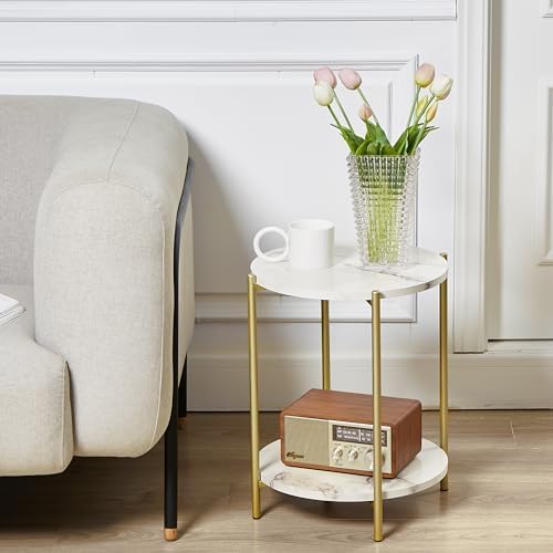 Gawicpy 2 Tier Round Side Table, Folding End Tables Coffee Table Simplistic Sofa Table Waterproof Removable Tray Table Indoor Outdoor Accent Table for Living Room Bedroom (Faux Marble White, 1pcs) - Image 5