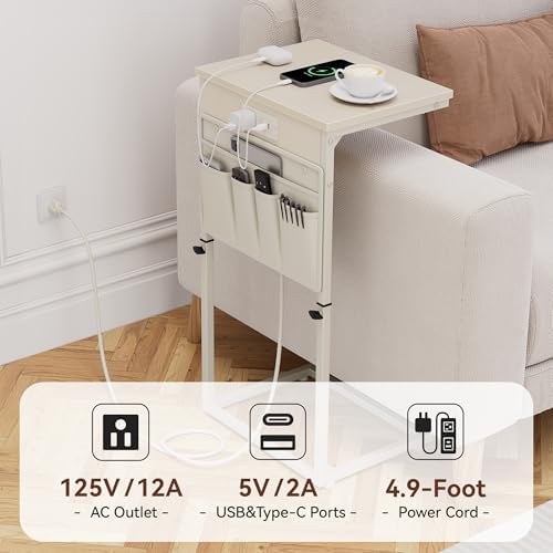 Vagusicc C-Shaped End Table with Charging Station, Small Side Table for Couch, 33" Tall C Table Adjustable Height Side Table, Couch Tables that Slide Under, Sofa Table TV Tray for Living Room, Cream - Image 7