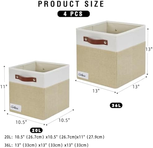 Bagnizer Collapsible Fabric Storage Cube Bins with 2 Reinforced PU Handles, Foldable Storage Organizer Baskets for Closet, Shelves, Living Room | 11"x11"x11", 4 Pack, Beige & White - Image 2