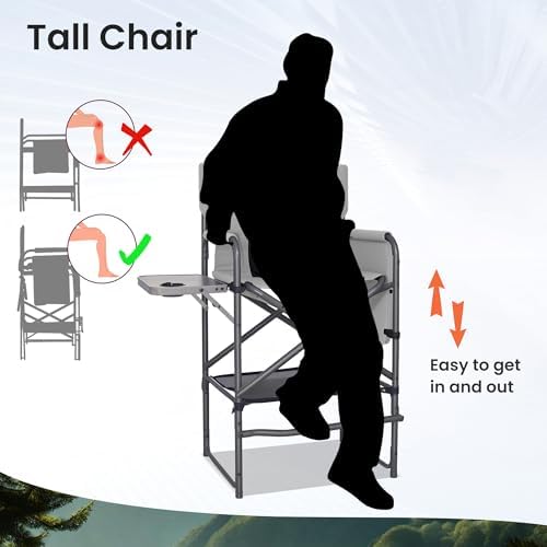 Tall Directors Chair 30" Seat Height, Bar Height Folding Chair with Side Table, Foldable Camping Chair with Side Pocket for Makeup Artist, Sports Event, Supports 400LBS - Black - Image 7