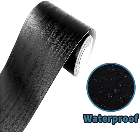 YESUS Dark Grey Wood Grain 3D 10M Wallpaper Frame Removable PVC Waterproof Peel and Stick Wallpaper,Bathroom Frame Sticker Wall Decor 3.93" x 32.8" (Black, 4inc) - Image 2
