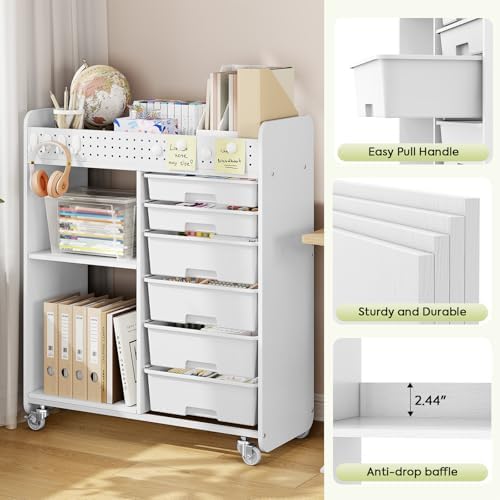Rolling Craft Cart with 6 Drawers, Pegboard and Locking Wheels White - Image 7