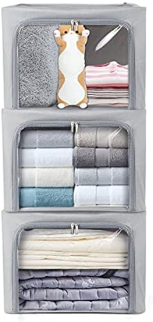 Clothes Storage Box Bins Stackable Foldable Organizer with Metal Frame for Clothing Bedding Shelves,Closet Container with Clear Window Zipper and Label Holder (Gray,Small-40L x3 Pack) by STSTECH