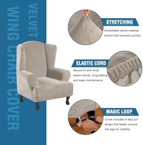 H.VERSAILTEX Wingback Chair Covers Velvet Plush Wing Chair Slipcover 1 Piece High Stretch Wing Back Chair Slipcovers Sofa Cover Furniture Cover with Elastic Bottom, French Oak - Image 2