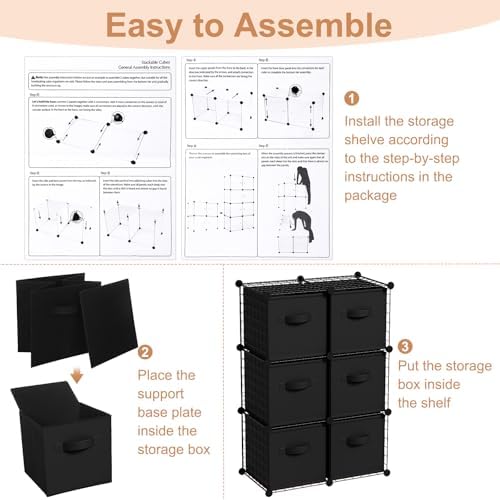 Leinuosen 6 Cube Storage Organizer with 6 Foldable Fabric Storage Bins, Metal Wire Grid Shelves, Stackable Modular Closet Organizer for Bedroom Living Room Office Toys Books(Black,Black) - Image 3