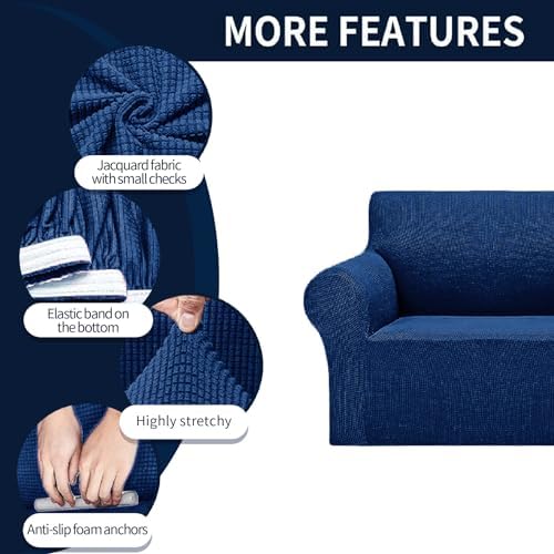 Cupuamon 2026 New Stretch Sofa Slipcovers Couch Cover for 3 Cushion Furniture Protector Sofa Covers with Elastic Bottom Jacquard Fabric Small Checks for Pets, Kids -Sofa, Classic Blue - Image 4