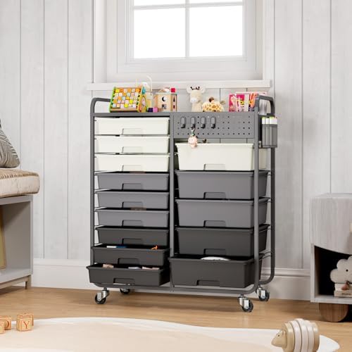 14 Drawer Rolling Storage Cart with Tabletop and Pegboard for Crafts Grey - Image 2