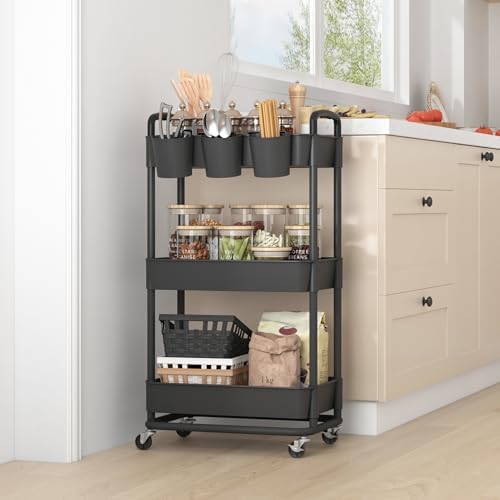 JIUYOTREE 3-Tier Plastic Rolling Storage Cart Utility Cart Black - Image 6