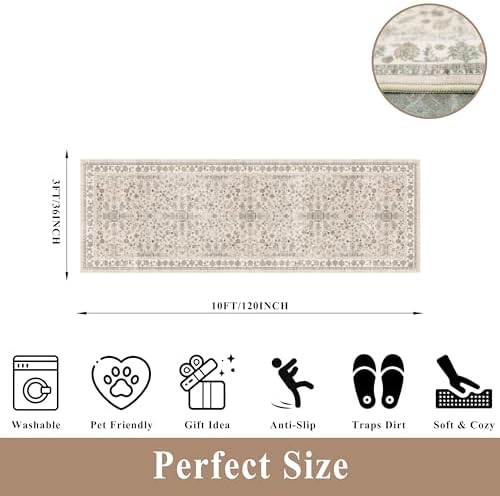 3x10ft Hallway Runner Rug Non-Slip Washable – Soft Long Carpet Runner for Kitchen Indoor Entryway,Boho Floral Low Pile Thin Wide Rug Runner with Rubber Backing (Beige,3x10) - Image 2