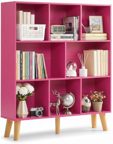 YAHARBO 8 Cube Bookshelf,3 Tier Bookcase with Legs,Pink Mid-Century Modern Bookshelves,Large Free Standing Open Storage Organizer Shelf,Tall Wooden Book Case Furniture for Bedroom,Living Room,Office by YAHARBO