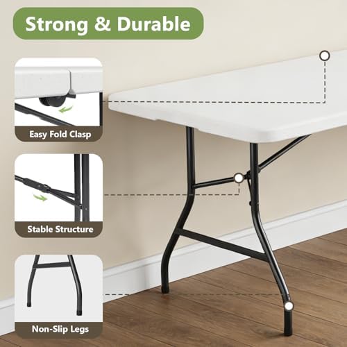8FT Folding Table, Heavy Duty Plastic Fold-in-Half Utility Table with Handle, Portable Camping Picnic Table with Steel Legs for Indoor Outdoor Party, Dining, White - Image 4