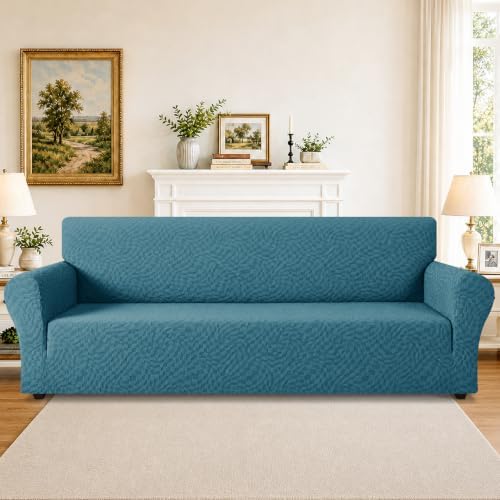 ZNSAYOTX 1 Piece Stretch Oversized Sofa Covers (91"-112"), New Plaid Couch Cover with Non-Slip Buckle for Dog Pets, Ultimate Soft Cozy Washable X-Large Sofa Slipcover Form Fit Protector, Teal - Image 2