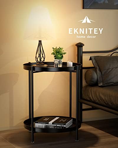 EKNITEY 2 Tier End Table - Metal Side Table with Removable Tray (Black) - Image 4