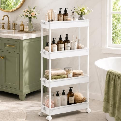 SPACEKEEPER Slim Rolling Storage Cart, 4 Tier Bathroom Cart Organizer,White by SPACEKEEPER