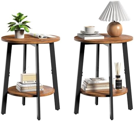 sthmec Side Table Set of 2, Small Round End Table with Storage Shelf for Small Space, 2-Tier Bedside Table Sofa Couch Table, Nightstands Set of 2 Accent Table for Living Room, Bedroom, Rustic Brown by Unknown