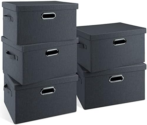 Graciadeco Medium 15" 21 Quart Collapsible Stackable Storage Bins with Lids, 5 Packs Dark Gray Foldable Fabric Closet Storage Boxes with Lids, Lidded Heavy-duty Linen Baskets(15x11x8) by GraciadecoStorage