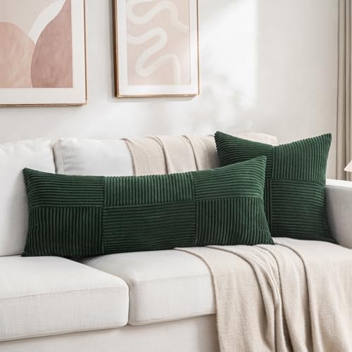 Fancy Homi Set of 2 Dark Green Boho Long Lumbar Body Decorative Throw Pillow Cover 14x36 Inch for Bed Couch Bedroom Bench, Soft Patchwork Corduroy Textured Pillow Case, Rustic Farmhouse Room Decor - Image 5