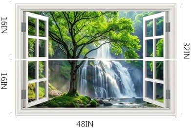 Fake Window Wall Decal- Rainforest Waterfall Tree Open Wall Art Sticker | Faux Window Forest Natural Landscape Mural｜ Stick and Peel Wall Decals｜for Room Bedroom Office Decor｜48"x32",Set of 2 Sheets - Image 2