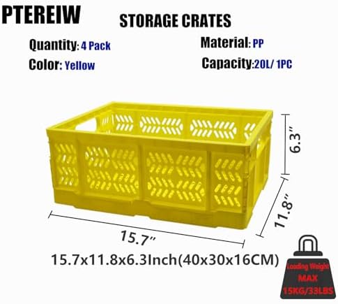 20L Folding Crate, 4Pack Plastic Storage Baskets Organizer for Home and Office,Collapsible Storage Crates for Home Office and Outdoor Organizer.(Yellow) - Image 2