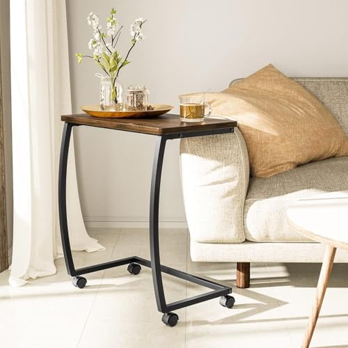 SRIWATANA Dark Walnut C Shaped Side Table with Wheels, Wood End Sofa Table - Image 2
