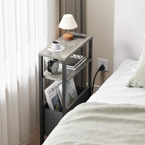 Narrow Side Table with Charging Station Slim End Table Sofa with Magazine Rack, Bedside Table for Small Spaces, 3 Tier Nightstand for Living Room Couch, Bedroom Oak Grey LET503QE - Image 5
