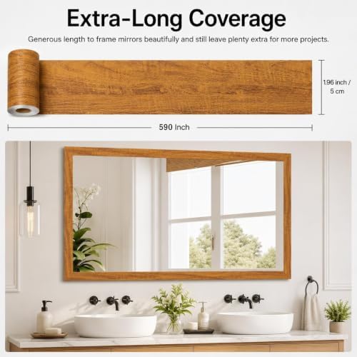 Brown Wood Grain Mirror Frame Border Peel and Stick Wallpaper, Self Adhesive Removable Waterproof Wallpaper for Bathroom Decor, Peel and Stick Mirror Tape Border Kitchen Decor 1.96" x 590" - Image 3