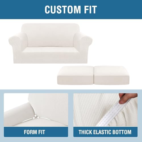 H.VERSAILTEX 3 Piece Stretch Sofa Covers for 2 Cushion Loveseat Couch Covers for Living Room Sofa (Base Cover Plus 2 Seat Cushion Covers) Thicker Jacquard Fabric (Medium Sofa, Porcelain White) - Image 4