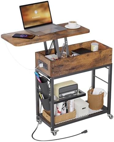 Colima Lift Top End Table with Charging Station and Wheels (Rustic Wood) by Colima
