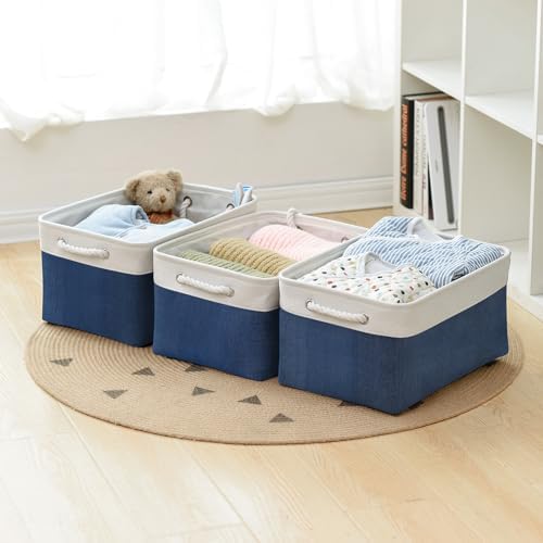 TheWarmHome Collapsible Storage Bin for Shelves - Large 3 Pack 16x12x8 inch Storage Basket for Organizing with Handles, Canves Storage Box for Organizer Toy Closet Cloth Gift (White & Jean Blue) - Image 3