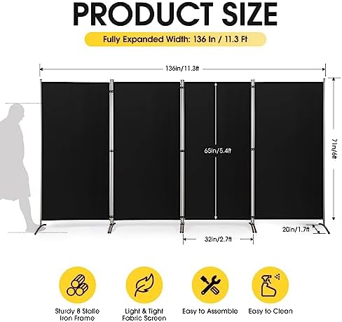RANTILA 4 Panel Room Divider, 6 Ft Tall Folding Privacy Screen Room Dividers, Freestanding Room Partition Wall Dividers, 136''W x 20''D x 71''H, Black - Image 2