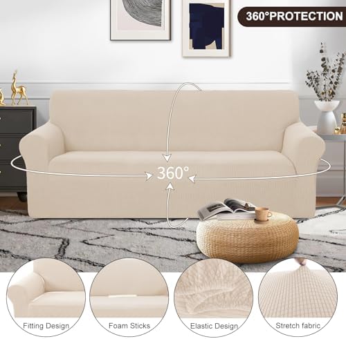 U-NICE HOME Stretch Couch Cover Slipcover for 3 Cushion Sofa, Beige - Image 3