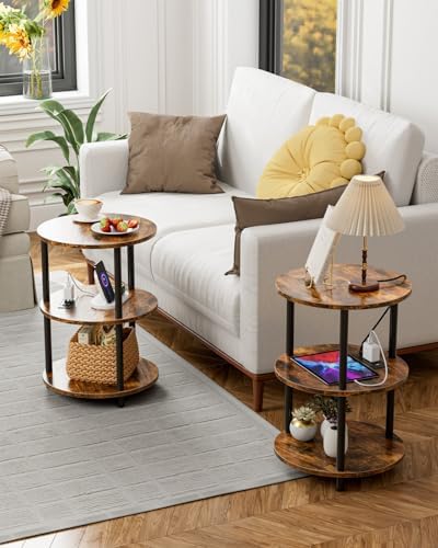 XBurmo Small Round End Table - 3 Tier Design Accent Table, Narrow Side or Bedside Stand, Industrial Vintage Table for Small Spaces, Built-in USB Ports and Power Outlet, Rustic Brown - Image 6