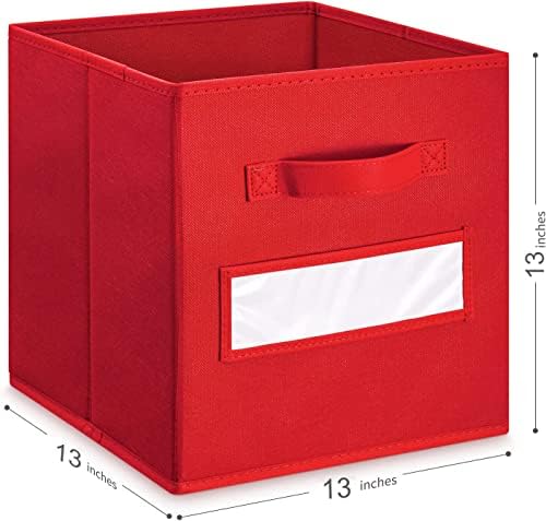 13x13x13 storage cube bins(Set of 8) Fabric storage cubes with 8 Labels Window Cards & a Pen, storage cubes 13x13, Collapsible 13 inch cube storage bins, Cubby Organizer Boxes, Red - Image 2