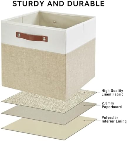 Bagnizer 13x15x13 Storage Cube Bins, Foldable Storage Organizer Baskets, Fabric Cube Storage Boxes with 2 Reinforced PU Handles for Kallax, Shelves, Living Room | 4 Pack, Beige & White - Image 5