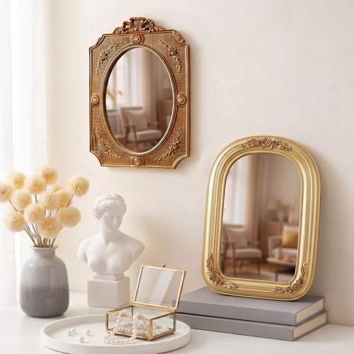 Wonderjune 5 Pcs Vintage Gold Mirror Set for Wall Decorative Resin Frame Ornate Antique Hanging and Tabletop Mirror for Home Dresser Gallery Decor Photography Props Gift (Baroque Style) - Image 5