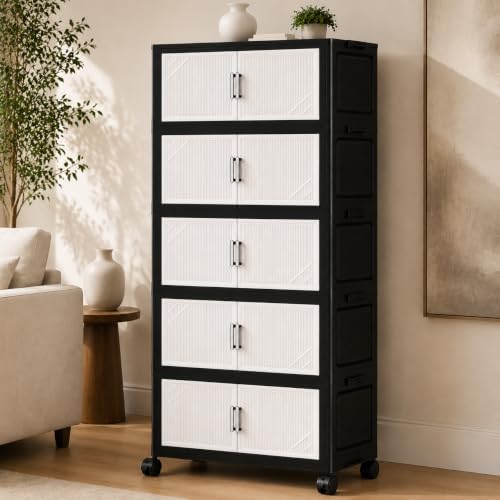 5 Tier Foldable Storage Cabinet with Top Lid, Tall Mobile PP Storage Organizer with Magnetic Doors and Wheels, Space-Saving Collapsible Organizer for Bedroom Living Room Kitchen Pantry Bathroom by FoldTrend