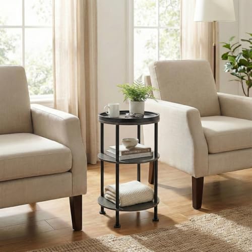 Small Round Side Table, Rustic Grey End Table with Tray Top, 3-Tier Greige Nightstand for Living Room & Bedroom, 11.8" Narrow Corner Table, 21.7" H Industrial Accent Furniture for Small Spaces, Grey - Image 5