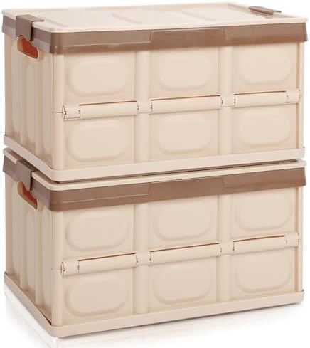 Collapsible Storage Box with lid 30L Lidded Storage Bin Crates Plastic Tote Container Stackable Folding Utility Crates Shelf Basket for Clothes Books Snack Shoe Storage Container (Khaki) by jocabo