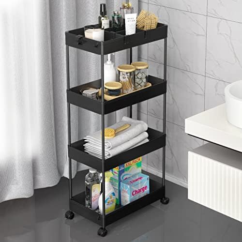 SPACELEAD 4 Tier Rolling Cart with Wheels, Storage Craft Art Trolley Organizer Serving, 3 Hanging Baskets Easy Assembly, for Office, Living Room, Kitchen by Home