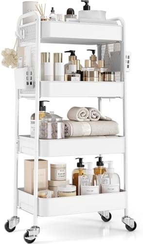 TOOLF 4 Tier Rolling Cart, Metal Utility Storage Cart with Pegboard, White | 2 Bins & 4 Hooks, Screwless Assembly, Lockable Wheels, Trolley Organizer for Bathroom, Kitchen, Office, Dorm, Craft Room by TOOLF