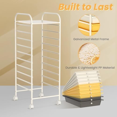 10-Drawer Rolling Storage Cart, Trolley w/Lockable 360° Wheels, 10 Removable PP Drawers, Sturdy Metal Frame, Rolling Utility Cart Perfect for Home, Office, Classroom (Yellow) - Image 6
