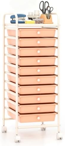 10-Drawer Rolling Storage Cart, Trolley w/Lockable 360° Wheels, 10 Removable PP Drawers, Sturdy Metal Frame, Rolling Utility Cart Perfect for Home, Office, Classroom (Peach Fuzz) by BUYNOW
