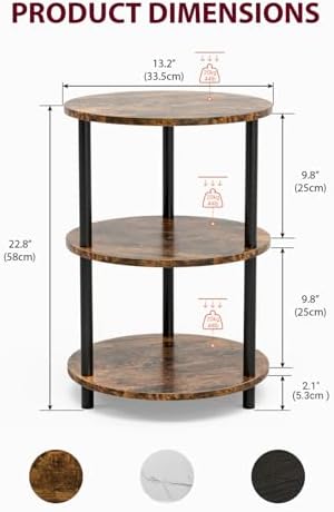 XBurmo Small Round End Table - 3 Tier Design Accent Table, Narrow Side or Bedside Stand, Industrial Vintage Nightstand for Bedroom, Living Room, or Small Spaces, Set of 2, Rustic Brown - Image 3
