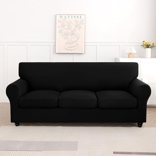 SearchI Stretch Sofa Cover Couch Cover, 4 Pieces Sofa Slipcover with 3 Separate Cushion Cover, Washable Furniture Protector for Living Room(Sofa, Black) - Image 5