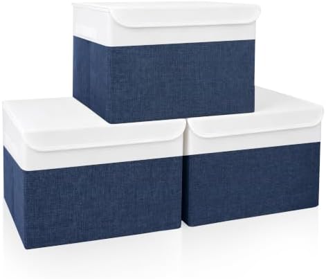 Large 17" 42 Quarts Collapsible Stackable Storage Bins with Lids [3-Pack] Foldable Fabric Linen Storage Boxes Cube, Closet Organizer Baskets with Label for Home (16.7 x 12 x 12", Navy Blue & White) by Bagnizer