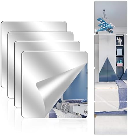 4 Pack Acrylic Mirrors for Wall,8 x 8 Inch Self Adhesive Frameless Small Mirror Tiles, Flexible Plastic Mirror Sheets for Bedroom Home Gym Door (12 * 12 inch) by Unknown